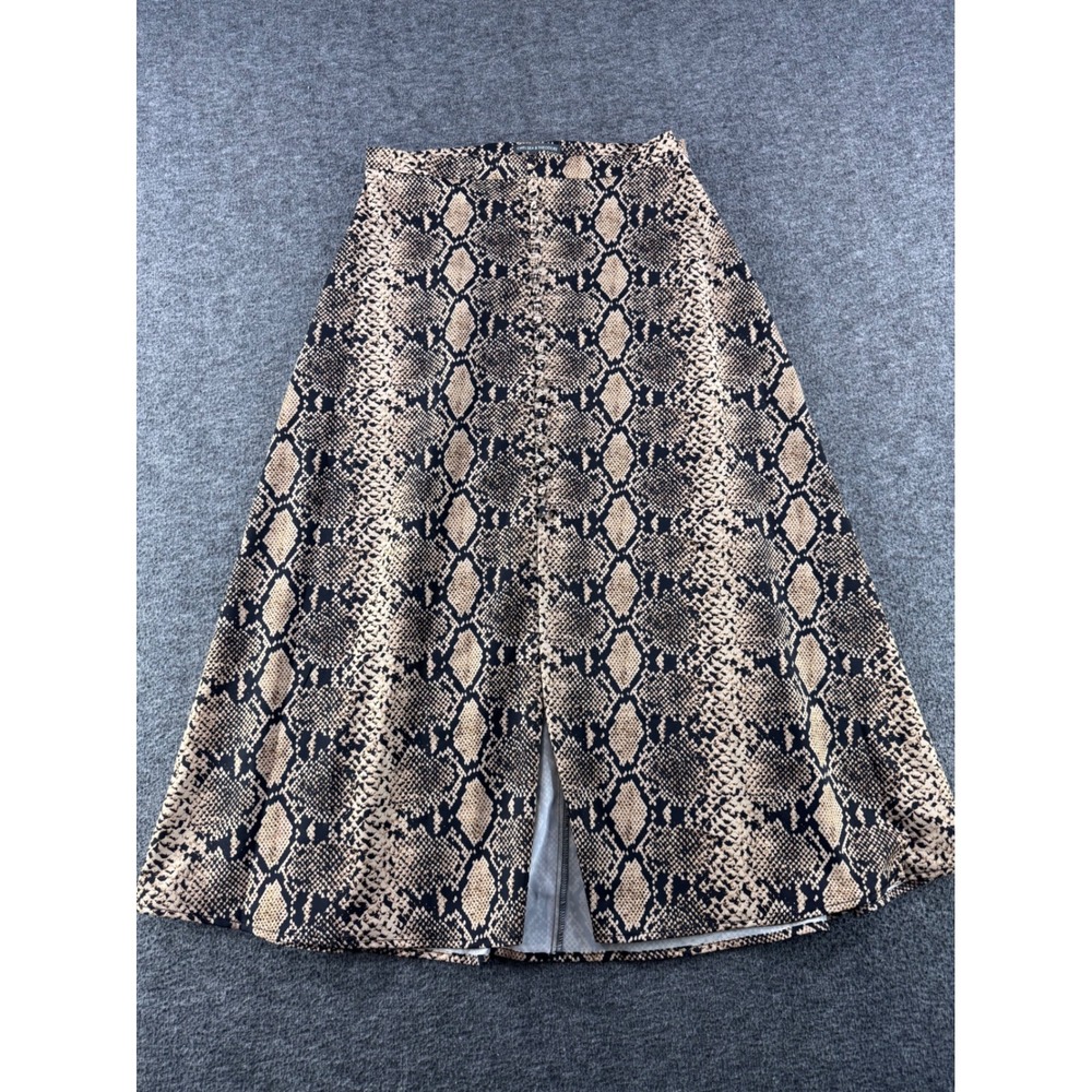 Chelsea & Theodore Snakeskin Print Midi Skirt Button Front Slit Tan Black Size 6